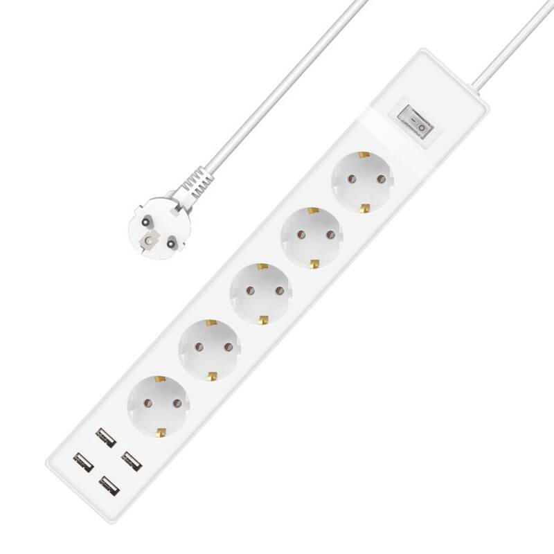 Удължител No brand, 5 гнезда, 250V, 16A, Кабел, 1.5m, 4 x USB F, С ключ, Бял - 17889