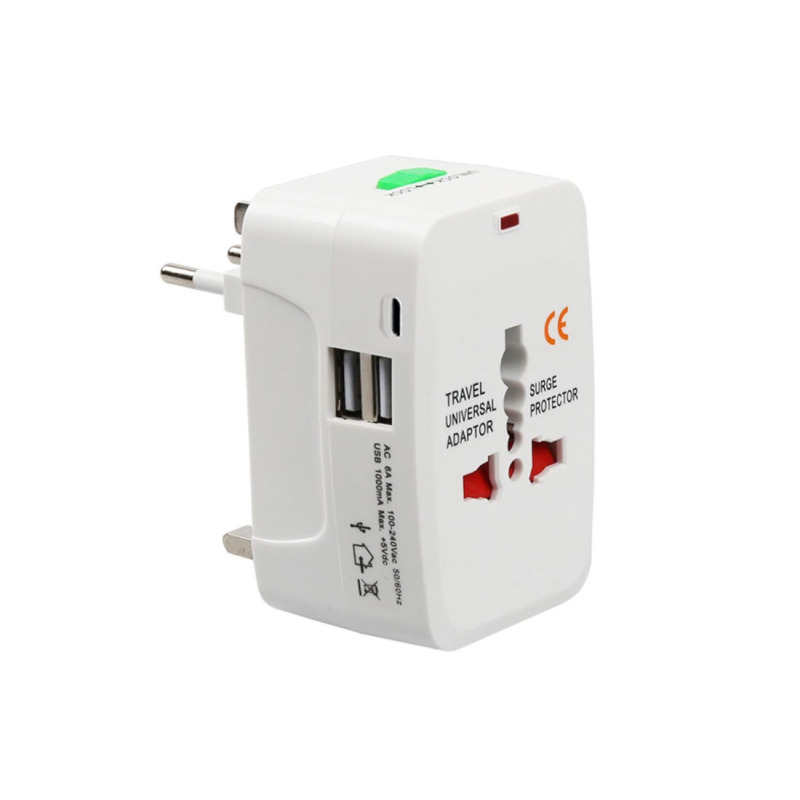 Преходник за пътуване, универсален UK, EU, US, AU, 2xUSB, 1xUSB Type-C, 220VAC, 6A