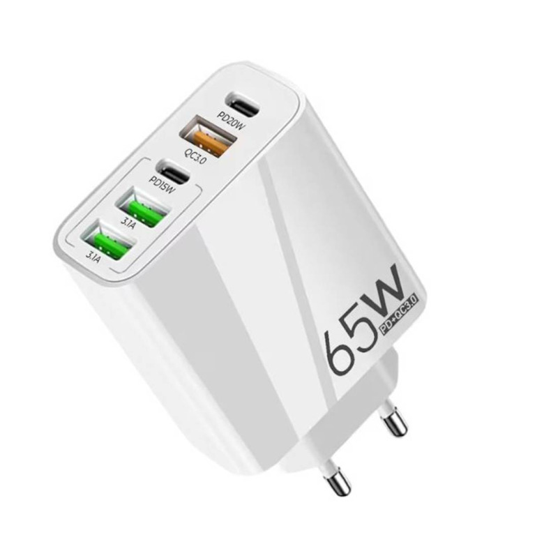 Мрежово зарядно GAN002, бързо зареждане, 3xUSB, 2xType-c, от 5V до 12V, 65W