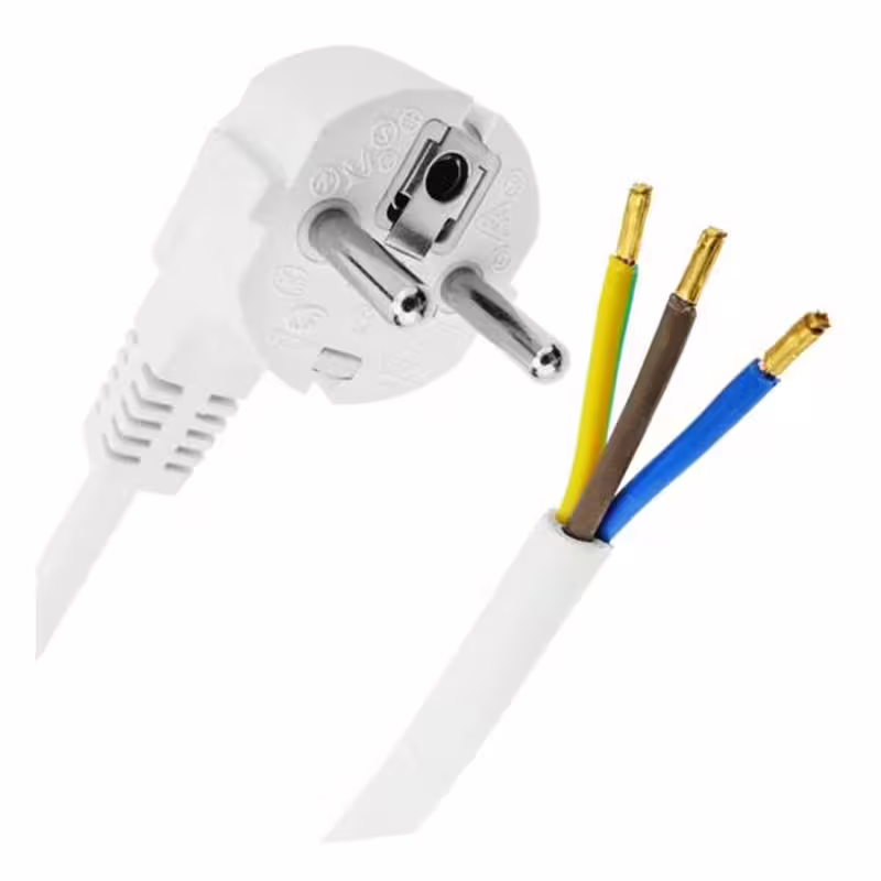 Захранващ кабел, бял, ъглов, щепсел "шуко", 3x1mm2, 2m, 220VAC, 16A