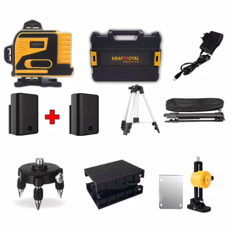 Лазерен нивелир Kraft Royal, самонивелиращ, трипод, 4D, 16 линии, жълт, 5VDC, 6Ah