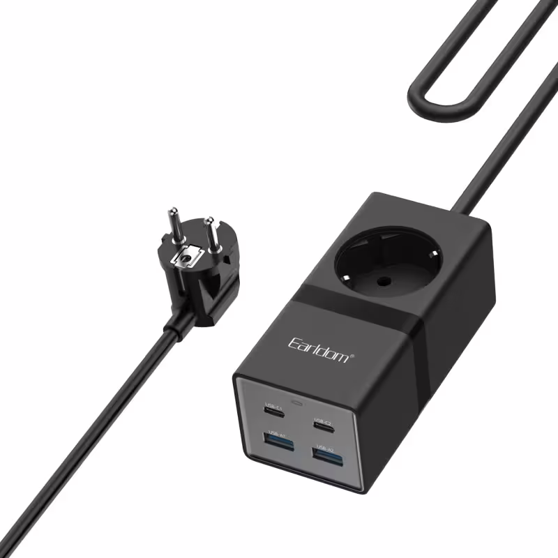 Удължител Earldom ES-SC21, 1 гнездо, CEE 7/3, 2 х USB F, 2 x USB-C, 1м., Черен - 40521