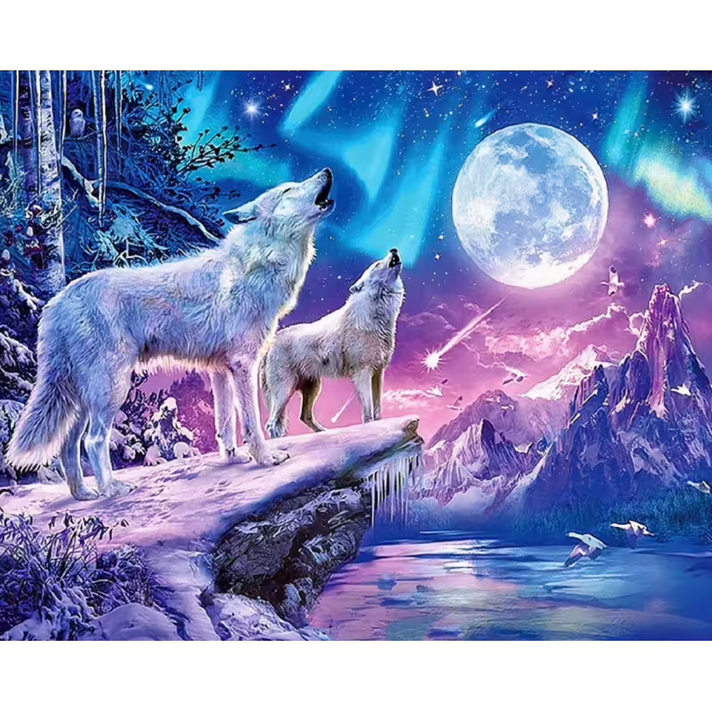 Диамантен гоблен "Вълци на пълнолуние" 30х40 см., без рамка