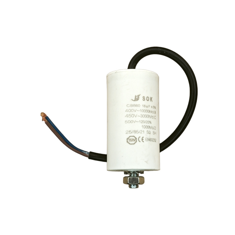 RUNNING CAPACITOR 16 µF WITH CABLE 400V FOR WASHING MACHINE UNIVERSAL