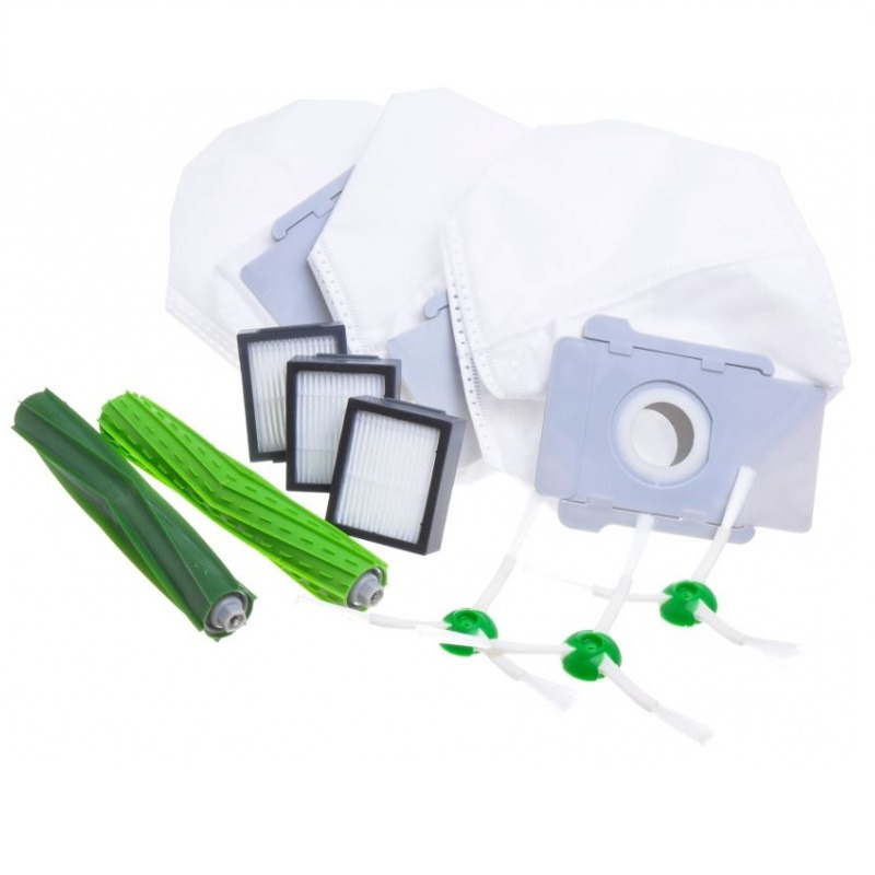 ACCESSORIES SET 1 PIECE SET OF GREEN RUBBER BRUSHES 3 PIECES OF HEPA FILTERS 3 PIECES OF SIDE BRUSHES 3 PIECES OF CLEAN BASE BAGS FOR IROBOT ROOMBA I7, E5 VACUUM CLEANER