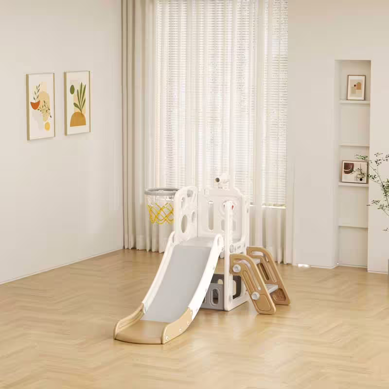 Детска пързалка с телескоп и баскетболен кош - кафява