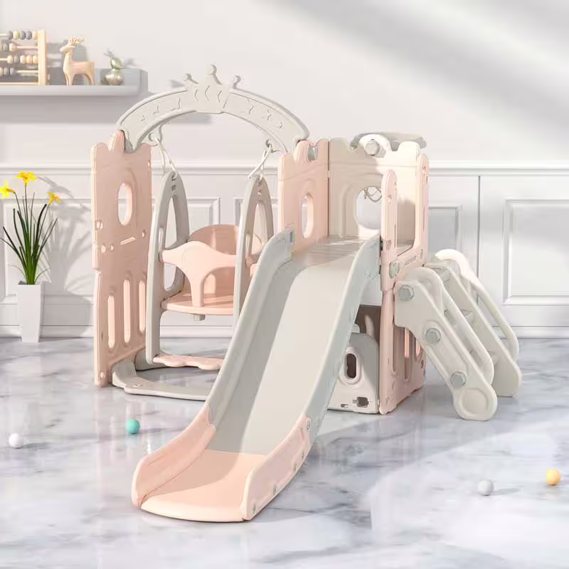 Детски комплект за игра 2 в 1 Замък, пързалка и люлка в розов цвят