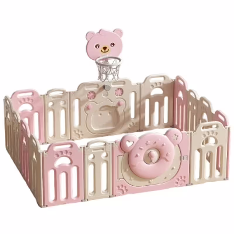 Сгъваема бебешка ограда за игра с баскетболен кош, Розово мече