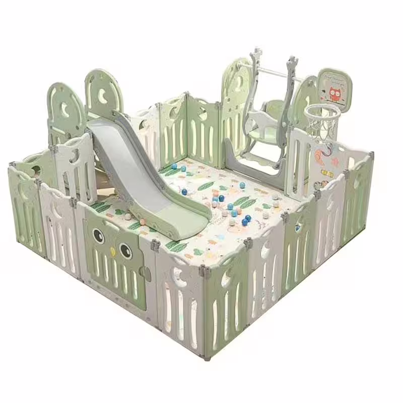 Сгъваема детска ограда с пързалка, люлка и баскетболен кош в цвят мента