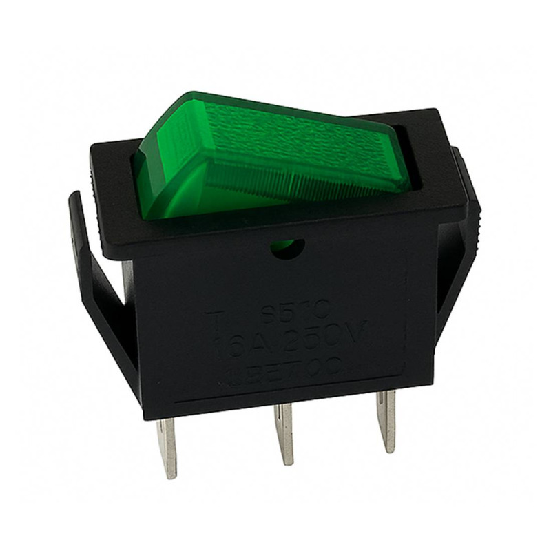 Ключ T120-33, 3pin, 2 положения, светещ, зелен, 250VAC, 15A, 28x11mm, SPST