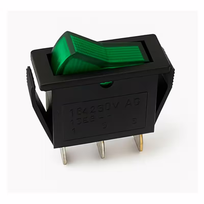 Ключ T120-22, 3pin, 2 положения, светещ, зелен, 250VAC, 15A, 28x11mm, SPST