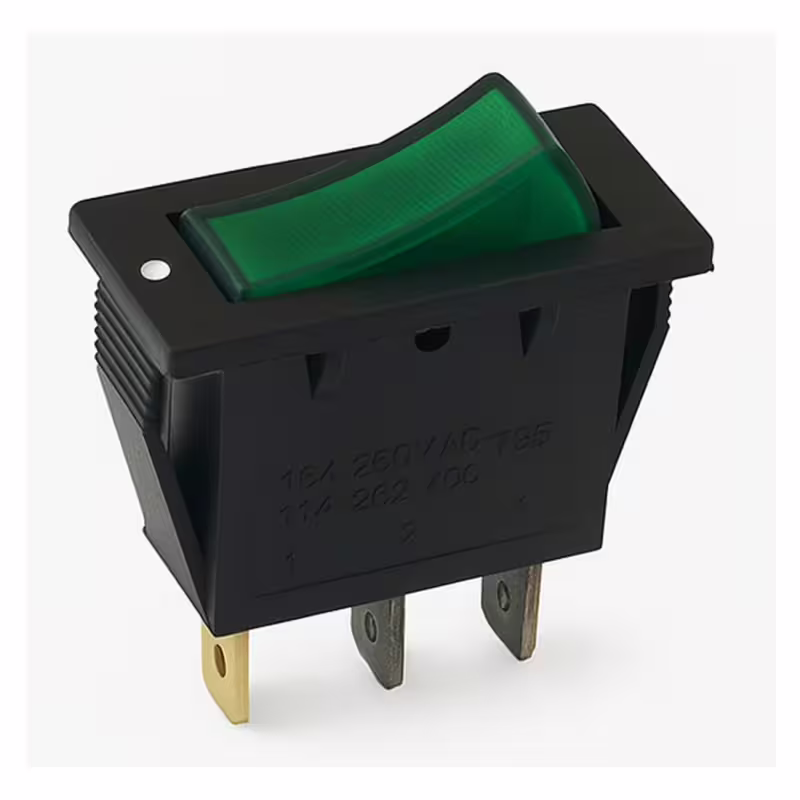 Ключ T120-11, 3pin, 2 положения, светещ, зелен, 250VAC, 15A, 28x11mm, SPST