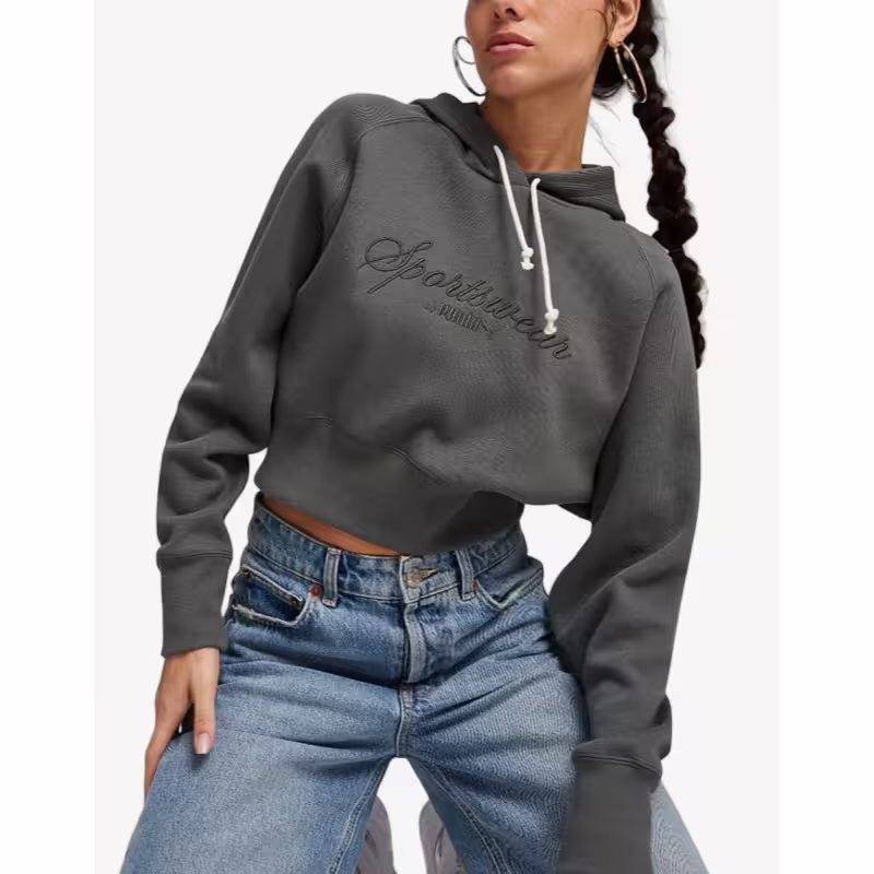 PUMA Classics+ Relaxed Cropped Hoodie Grey