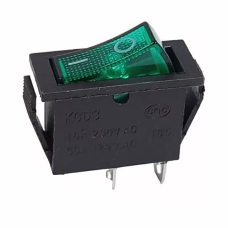 Ключ T120-3, 2pin, 2 положения, светещ, зелен, 250VAC, 15A, 28x11mm, SPST