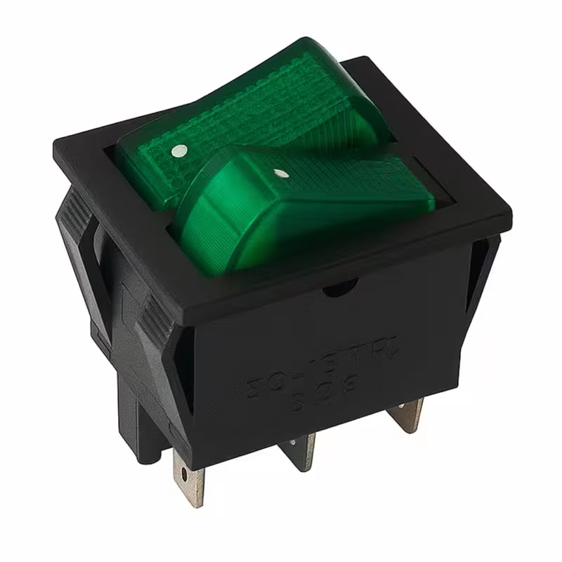 Двоен ключ T120-33 6pin, 2х2 положения, светещ, зелен, 250VAC, 15A, 28x22mm, DPST