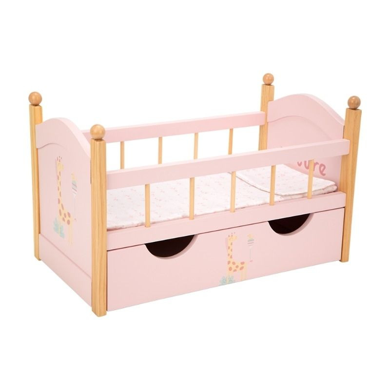 Дървено легло Nature за кукли с чекмеджета - розово