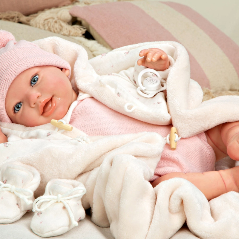 Кукла-бебе Елба в розово вълнено боди с аксесоари - 45 см