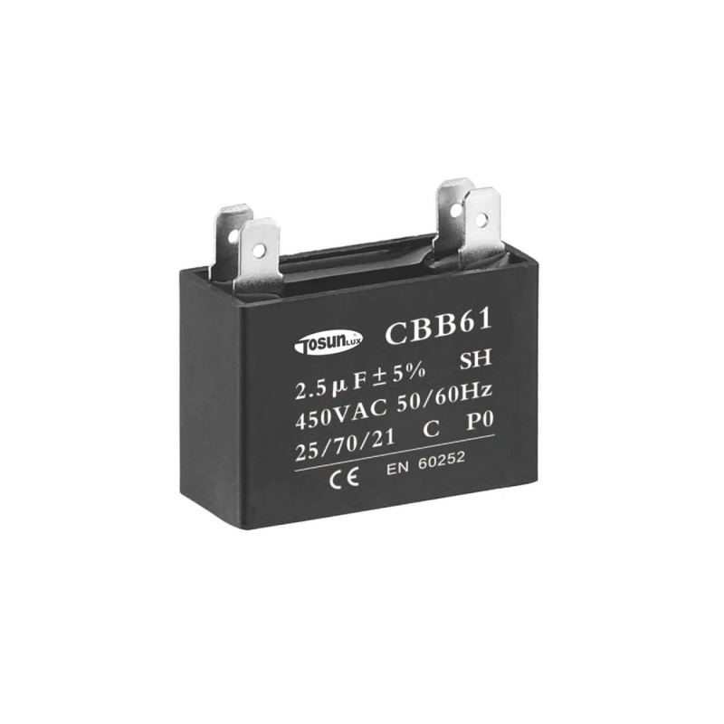 Работен кондензатор CBB61, плосък, 450VAC, 2uF, 4 кабелни обувки, 37x27mm