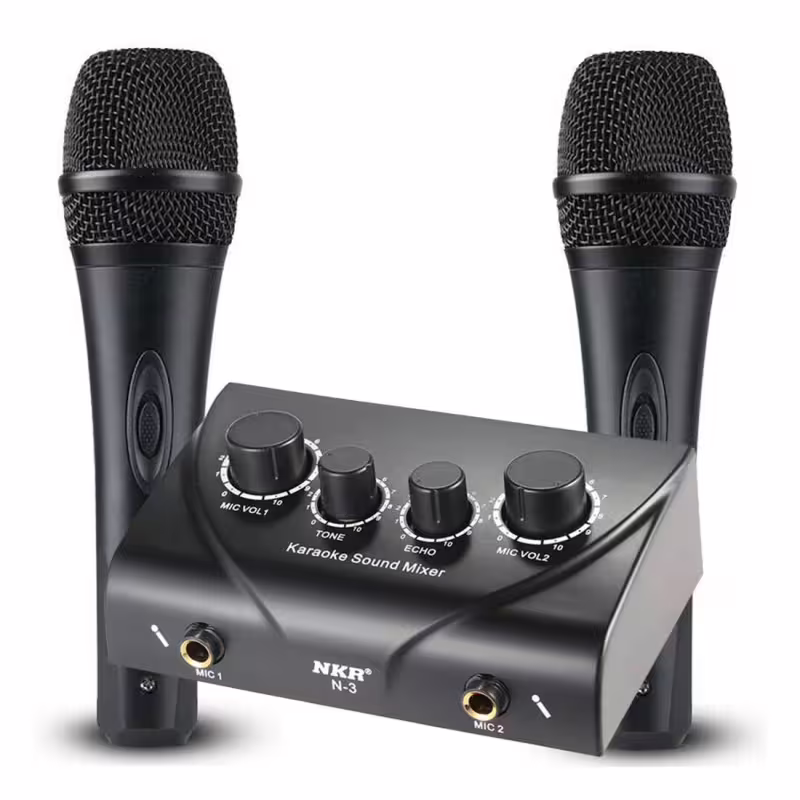 Миксер, пулт, 2 канален, 2 микрофонни входа, комплект 2 микрофона