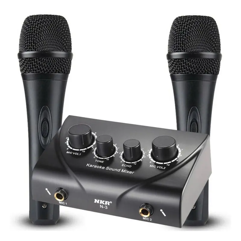 Миксер, пулт, 2 канален, 2 микрофонни входа, комплект 2 микрофона