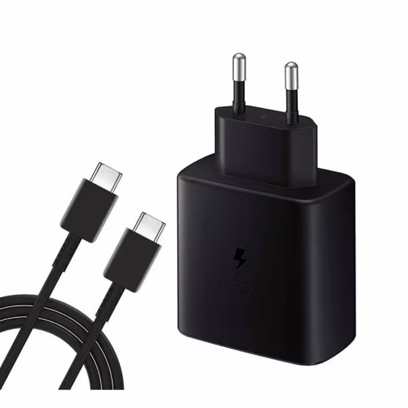 Комплект, мрежово зарядно, съвместимо с Samsung, бързо зареждане, кабел, черен, USB-C, Type-C, 45W