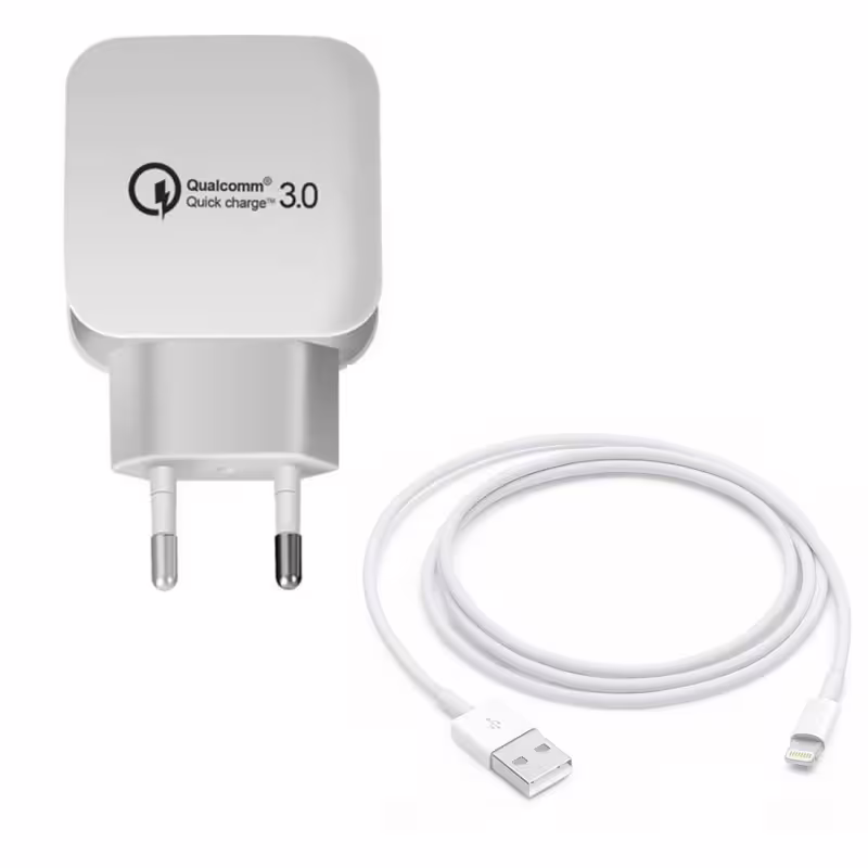 Комплект, мрежово зарядно 20-3, кабел за IPhone, бял, 5VDC, 3,4A