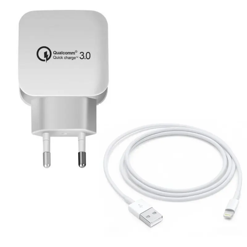 Комплект, мрежово зарядно 20-3, кабел за IPhone, бял, 5VDC, 3,4A