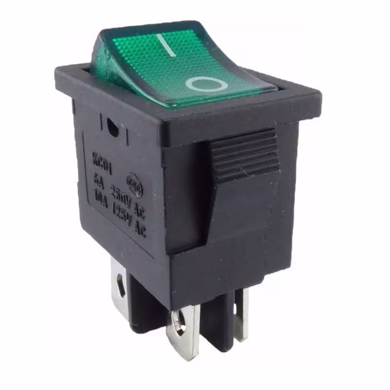 Ключ, 4pin, 2 положения, светещ, зелен, 250V, 6,5A, 19x13mm