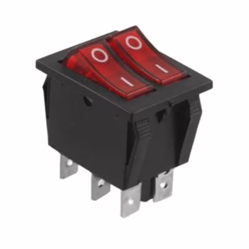 Двоен ключ KCD4, 6pin, 2х2 положения, светещ, червен, 250VAC, 16A, 28x22mm, DPST