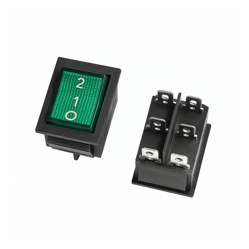 Kлюч T120-11, 6pin, 3 положения, светещ, зелен, 250VAC, 16A, 28x22mm, DPST