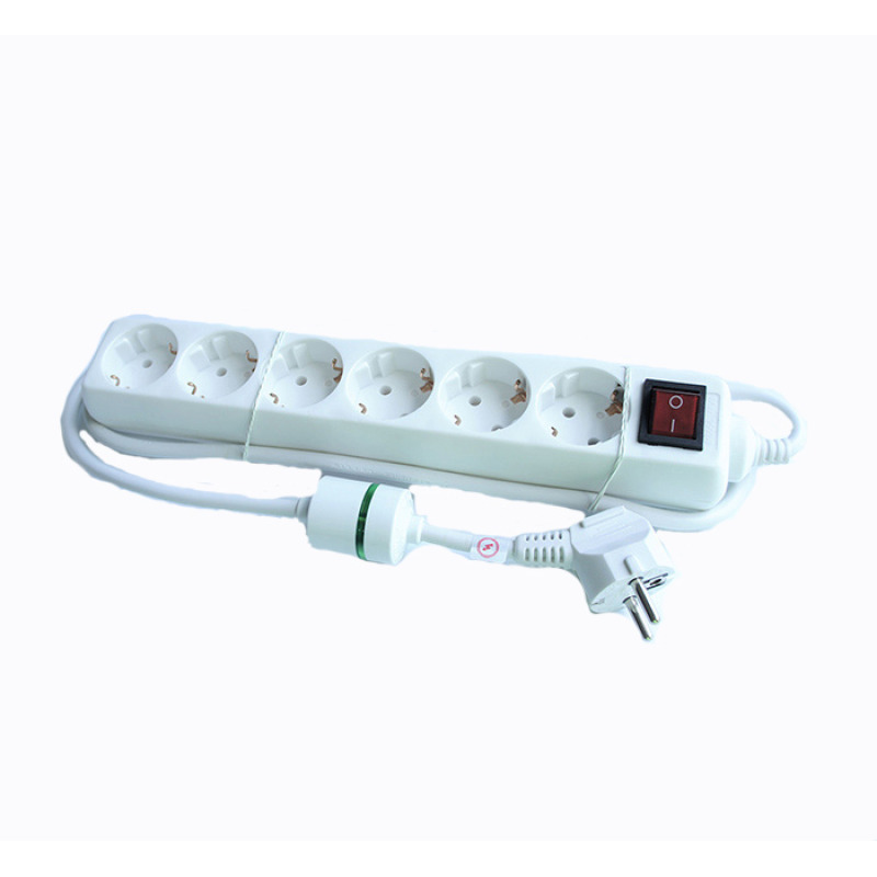 Разклонител, контакт, защита, ключ, 6-ца, бял, 1,5m, 220VAC, 16A