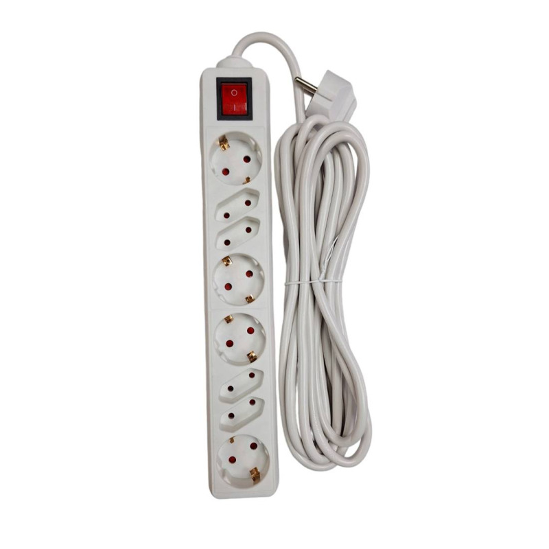 Разклонител JY-1012, контакт, ключ, 8-ца, бял, 1,5m, 220VAC, 16A