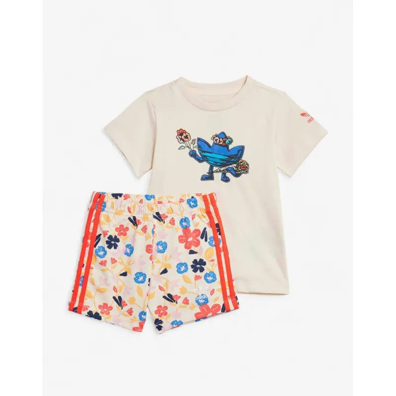 ADIDAS Originals Floral Shorts Tee Set Beige/Multi