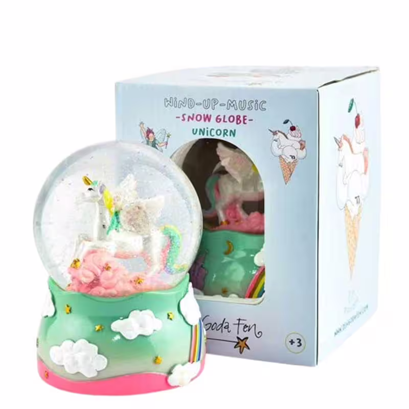Декоративна снежна топка Unicorn с музика, еднорог и блестящи падащи частици