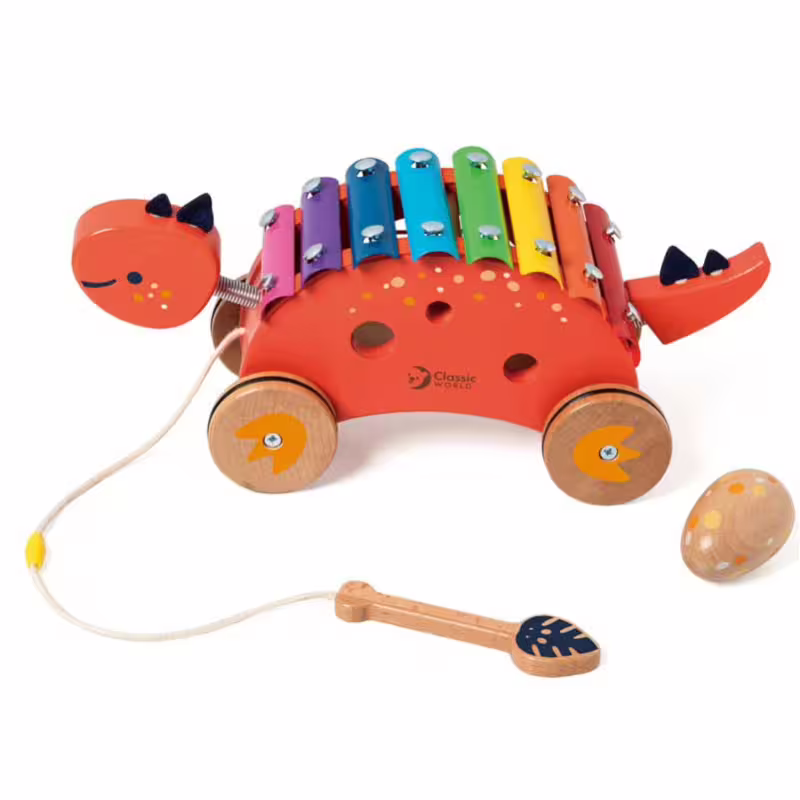 Дървен ксилофон Динозавър Classic World за дърпане, 18+ месеца