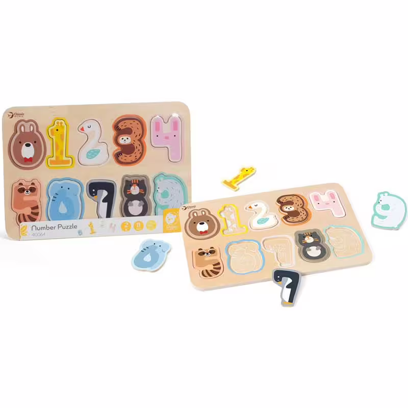 Дървен пъзел Classic World с числа и животни за ранно обучение, 11 части