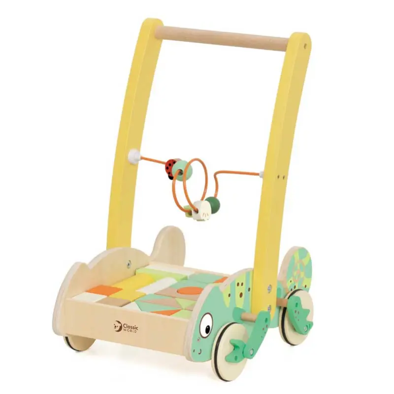 Дървен уокър Classic World Хамелеон с дървени блокчета за бебета