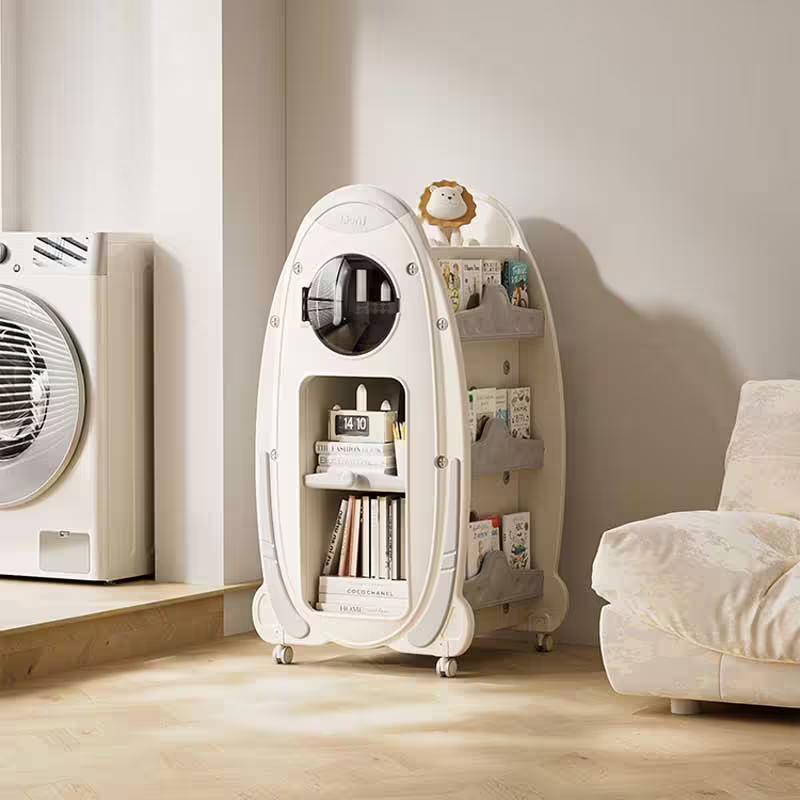 Детска библиотека с въртящ се дизайн и място за съхранение на книги и аксесоари, сива