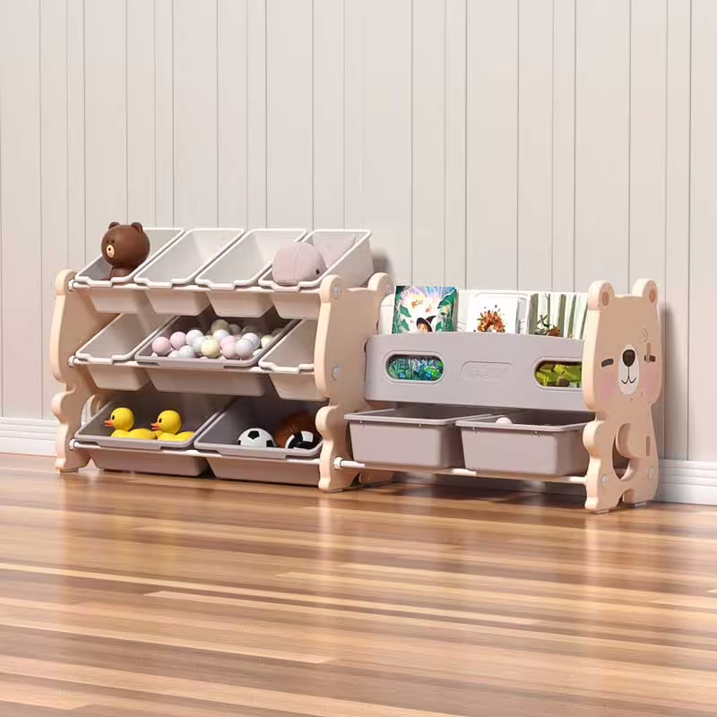 Детска етажерка Розово мече &ndash; 3 реда с кошници за съхранение на играчки и странични рафтове за книги