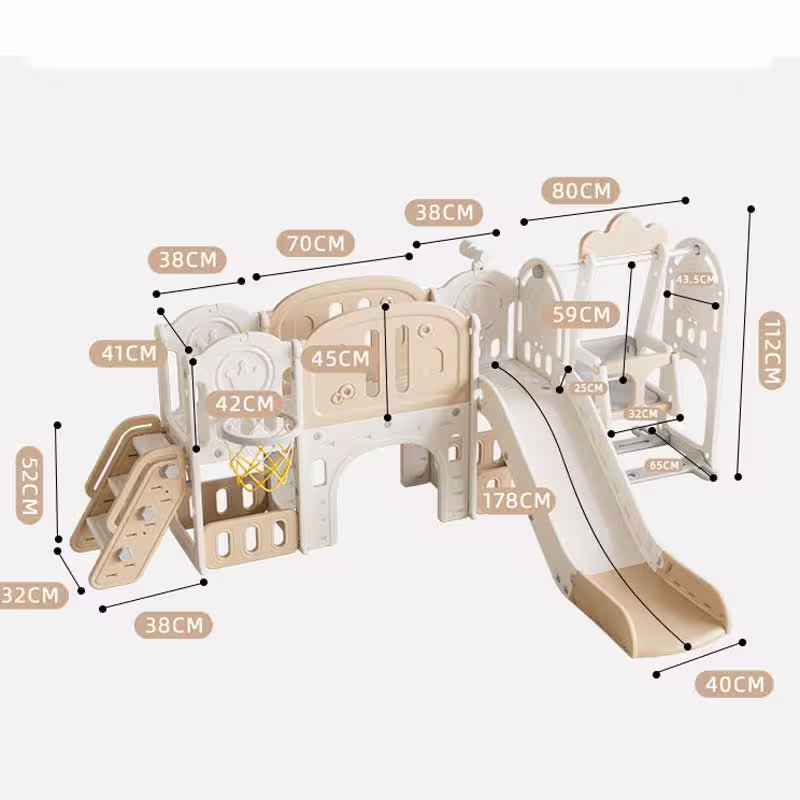 Детски приключенски център за игра 11 в 1 с пързалка, катерушка, люлка и баскет кош - кафяв