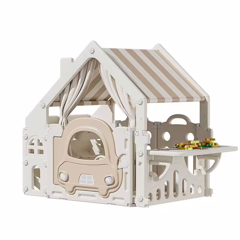 Пластмасова детска къщичка за игра с маса за конструктори &ndash; кафява