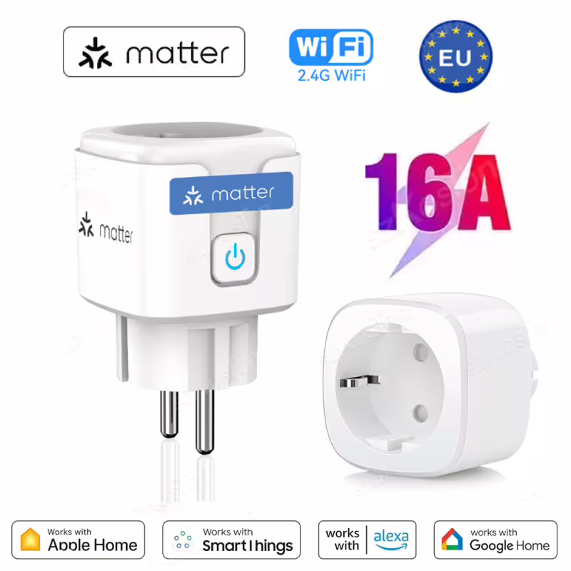 Смарт контакт Matter EU WiFi 16A &ndash; Интелигентен преходник с HomeKit, Alexa и Google Home