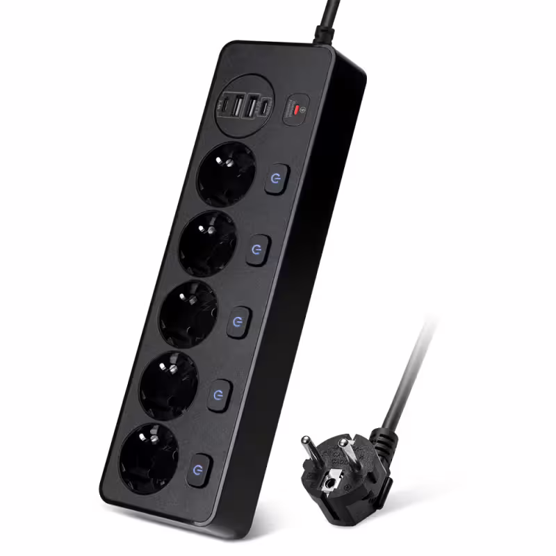 Удължител No brand, 5 гнезда, 250V, 10A, Кабел, 1.8м., 2 x USB-F, 2 x USB-C, С ключ, Бял - 17966