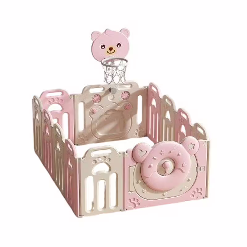 Сгъваема бебешка ограда за игра с баскетболен кош, Розово мече
