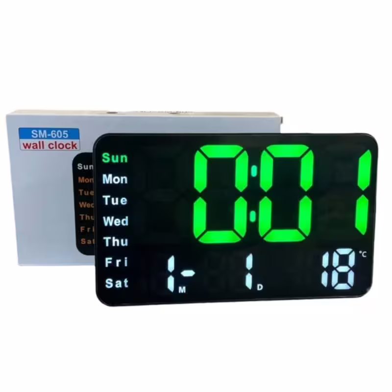 Настолен LED часовник SM-605, стенен, зелен, ДУ, календар, термометър