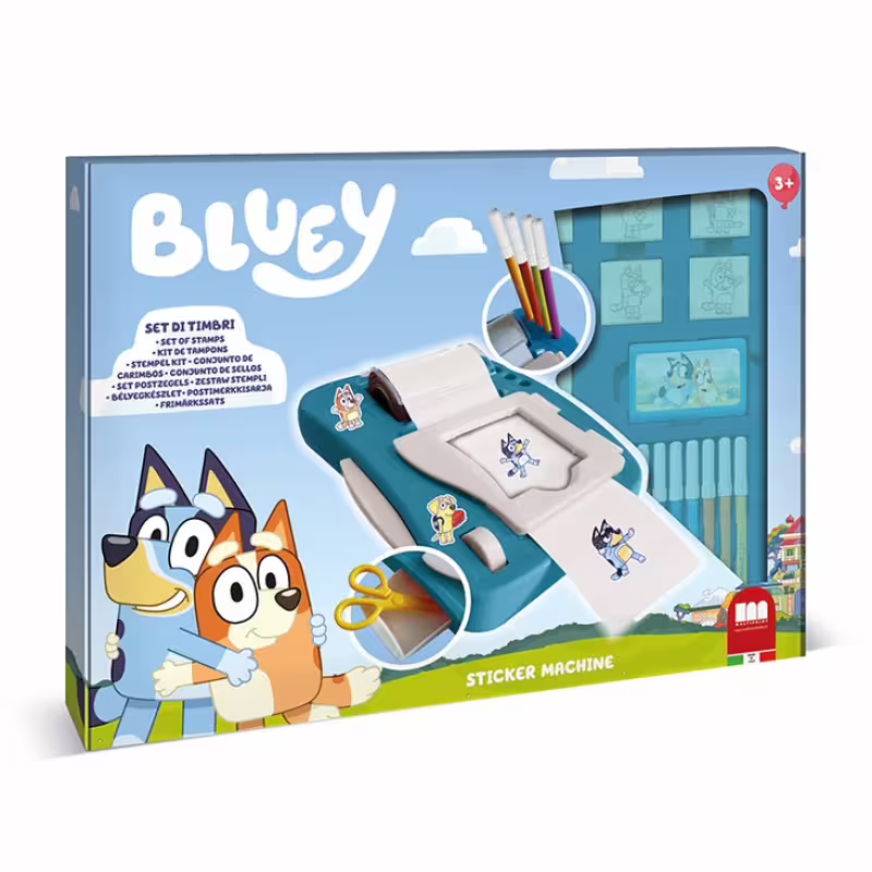 Комплект за създаване на стикери Bluey с 12 флумастери, 50 стикери, 7 печата и книжка за оцветяване
