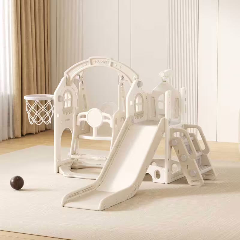 Детска къща за игра Feelkids с пързалка, люлка и баскетболен кош &ndash; бежова