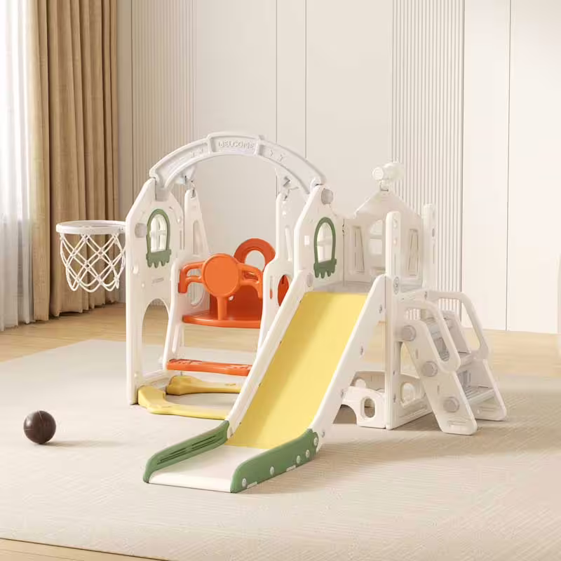 Детска къща за игра Feelkids с пързалка, люлка и баскетболен кош &ndash; зелена