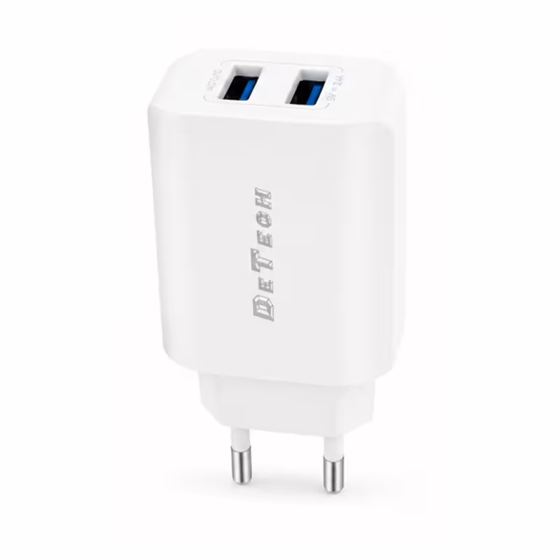 Мрежово зарядно устройство DeTech DE-58i, 5V/2.4A, 220V, 2 x USB, С кабел Lightning, 1.0m, Бял - 40540