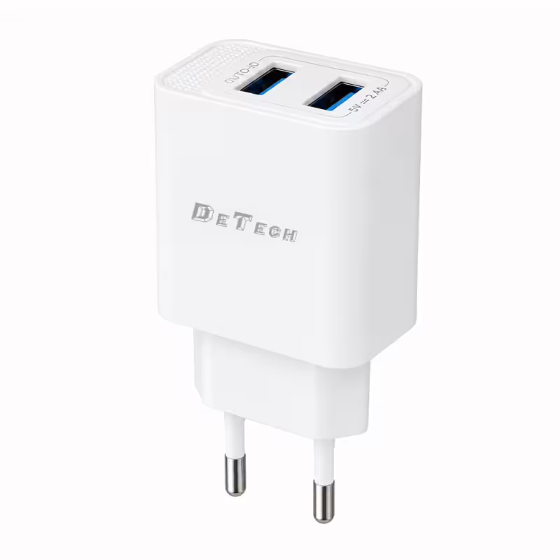 Мрежово зарядно устройство DeTech DE-59, 5V/2.4A 220V, 2 x USB, Бял - 40541